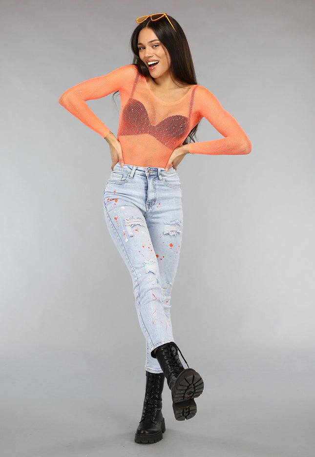 OP=OP.47.R Neon Oranje Off Schoulder Fishnet Bodysuit