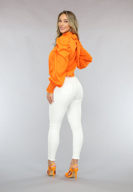 ORANJE-F Oranje Blouse met Pofmouwen en Strikdetail