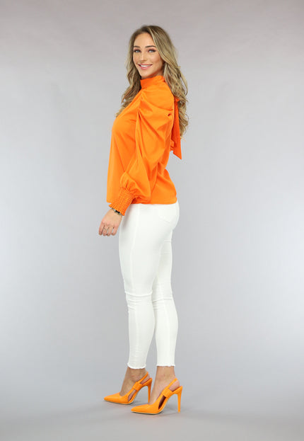 ORANJE-F Oranje Blouse met Pofmouwen en Strikdetail