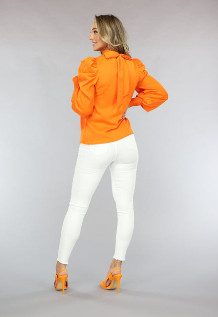 ORANJE-F Oranje Blouse met Pofmouwen en Strikdetail