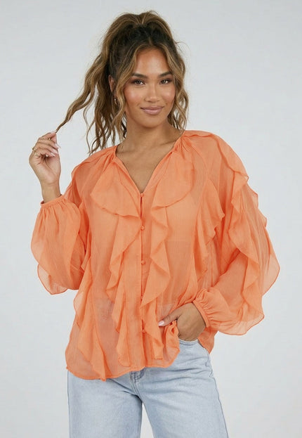 NEW220426 Oranje Chiffon Blouse met Ruffles