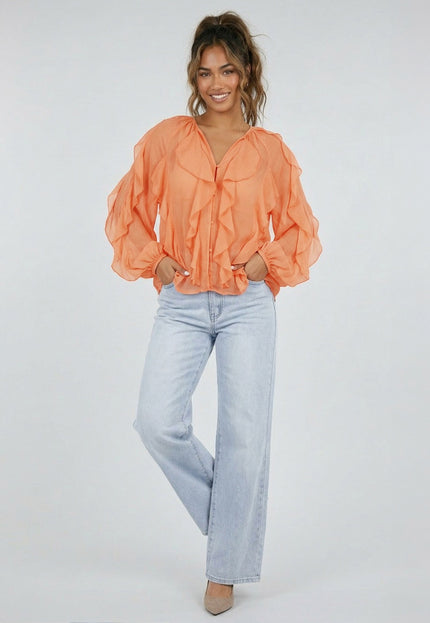 NEW220426 Oranje Chiffon Blouse met Ruffles