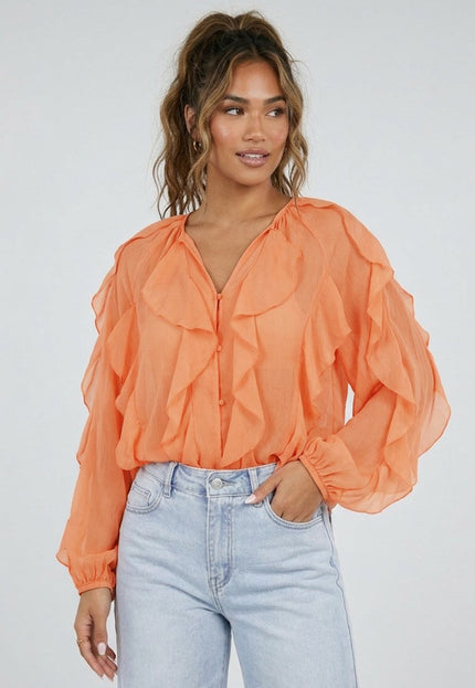 NEW220426 Oranje Chiffon Blouse met Ruffles