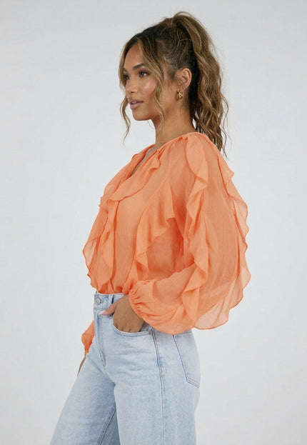 NEW220426 Oranje Chiffon Blouse met Ruffles