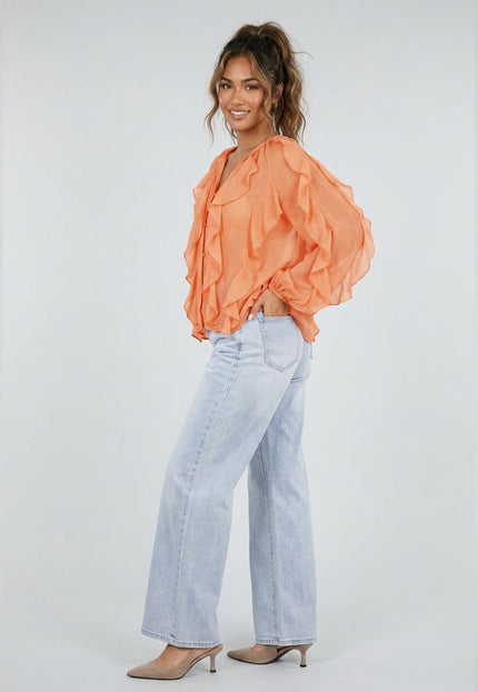 NEW220426 Oranje Chiffon Blouse met Ruffles