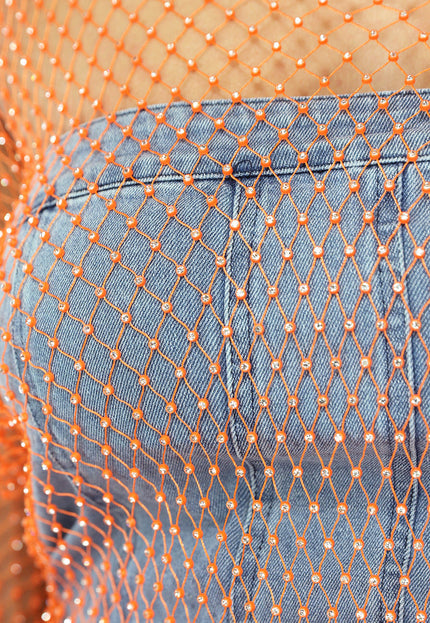 ORANJE-F Oranje Fishnet Jurkje met Strass