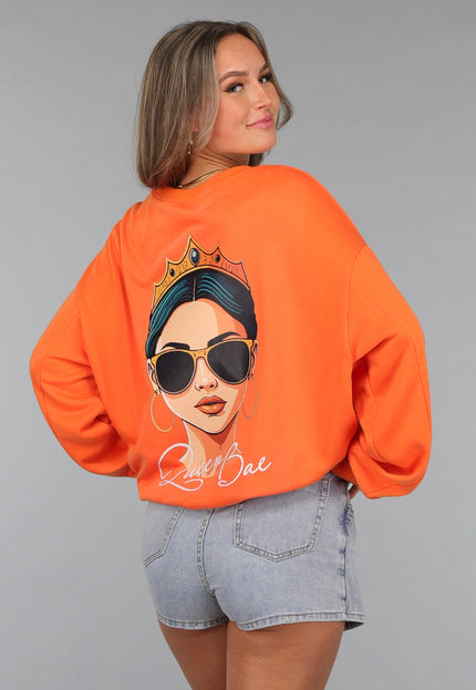 ORANJE-F Oranje Koningsdag Sweater Dames met Queen Bae Print