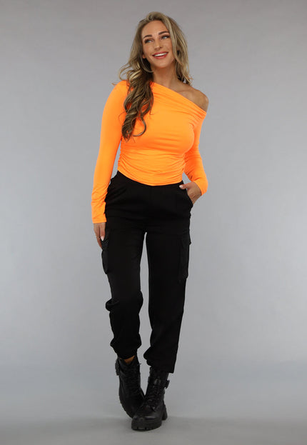 ORANJE-F Oranje Longsleeve Top met Geplooid Effect