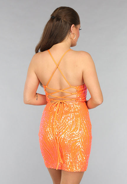 ORANJE-F Oranje Pailletten Bodycon Jurk met Veterdetail