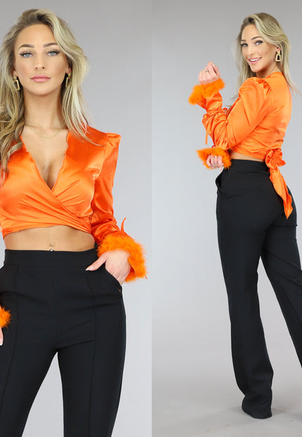 OP=OP.AV.09 Oranje Satin Wikkel Top met Veertjes