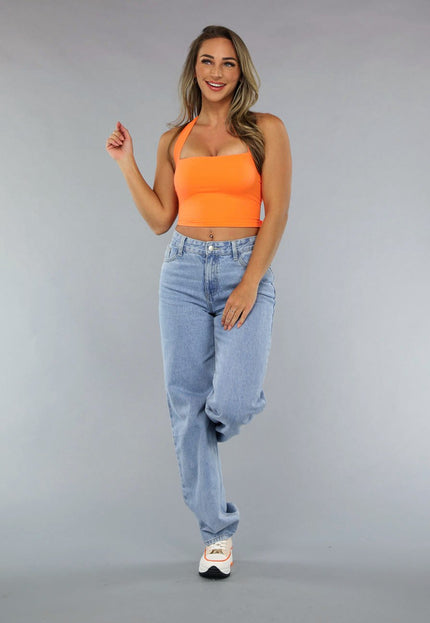 ORANJE-F Oranje Sporttop met Vierkante Hals en Strikdetail