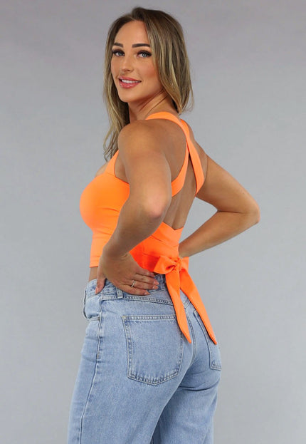 ORANJE-F Oranje Sporttop met Vierkante Hals en Strikdetail