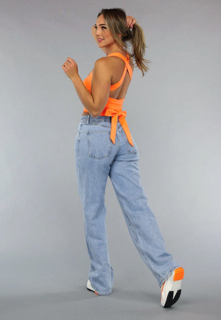 ORANJE-F Oranje Sporttop met Vierkante Hals en Strikdetail