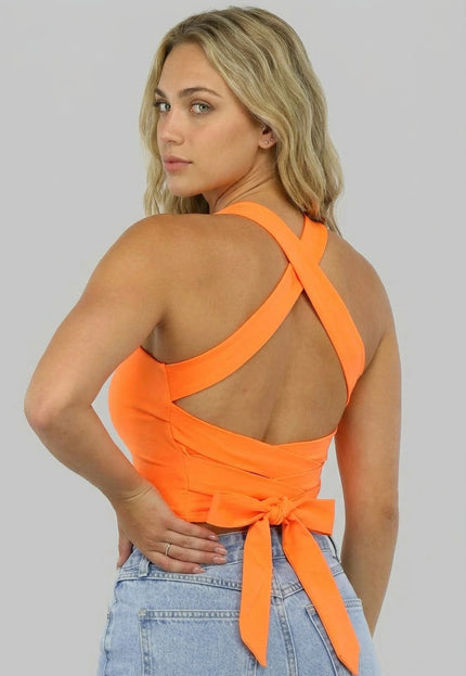 ORANJE-F Oranje Sporttop met Vierkante Hals en Strikdetail