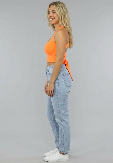 ORANJE-F Oranje Sporttop met Vierkante Hals en Strikdetail