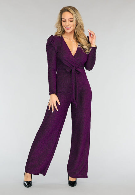 Paarse Glitter Puff Jumpsuit met Tailleband