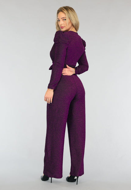 Paarse Glitter Puff Jumpsuit met Tailleband