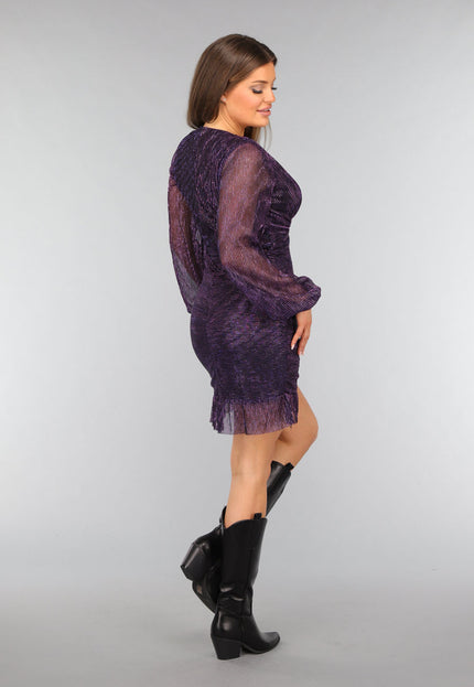 Paarse Glitter Ruches Jurk met Pofmouwen