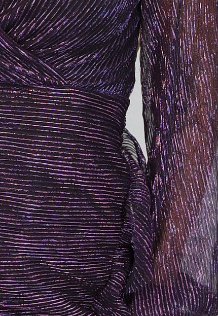 Paarse Glitter Ruches Jurk met Pofmouwen