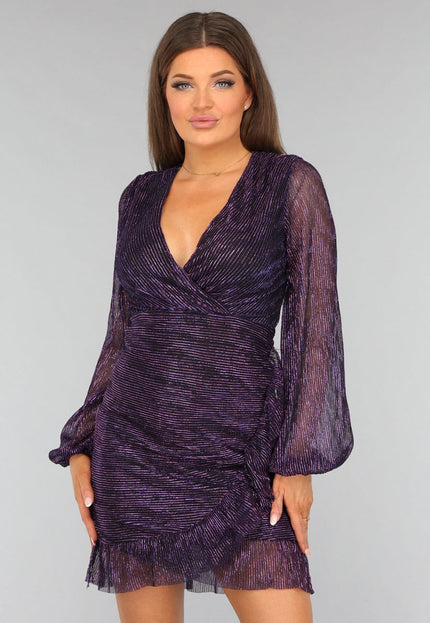 Paarse Glitter Ruches Jurk met Pofmouwen