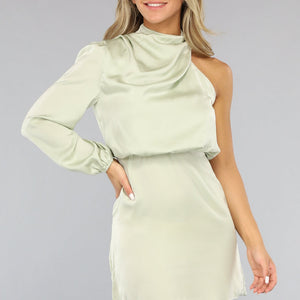 Pastelgroene Satijnen One Shoulder Jurk