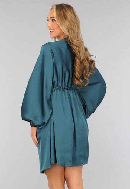 OP=OP.AV.12 Petrol Satin Jurk met Lange Mouwen
