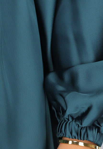 OP=OP.AV.12 Petrol Satin Jurk met Lange Mouwen