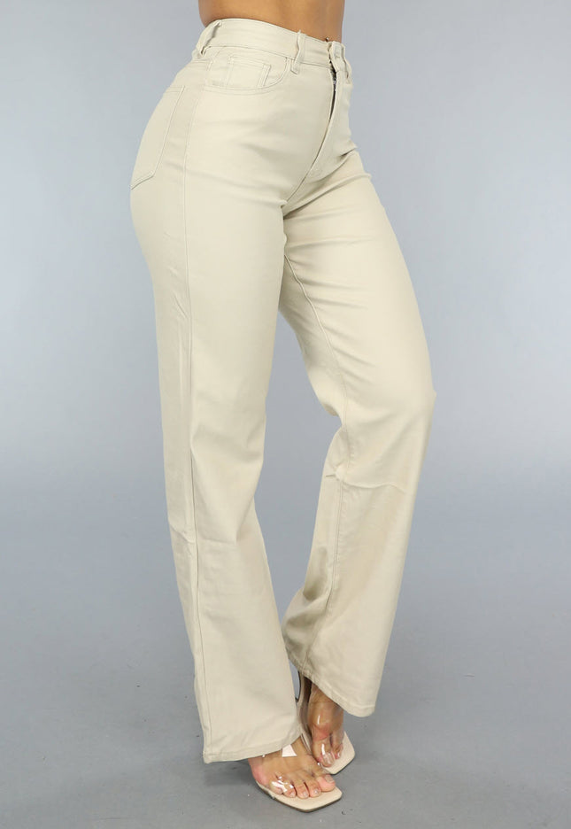 Redial Jeans Beige Lederlook Broek met Rechte Pijpen