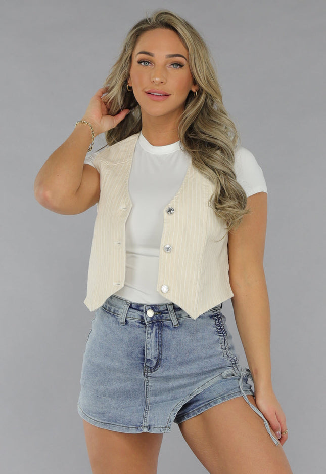 Redial Jeans Beige Pin Stripe Print Gilet Top met Knopen