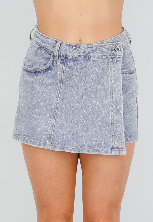 Redial Jeans Blauwe Denim Skort met Glitters en Stretch