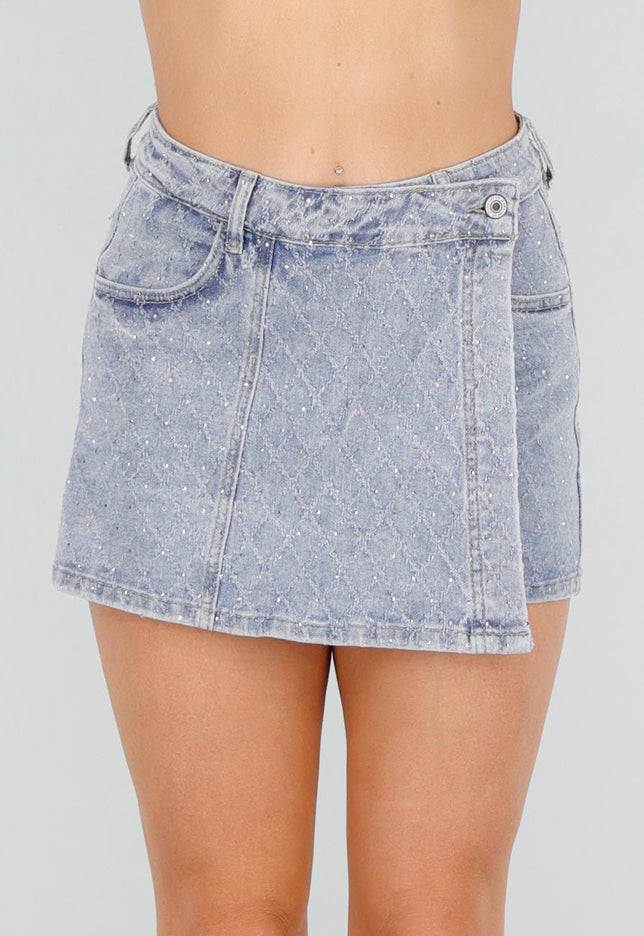 Redial Jeans Blauwe Denim Skort met Glitters en Stretch
