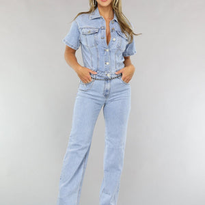 Redial Jeans Blauwe Jeans Jumpsuit met Korte Mouwen