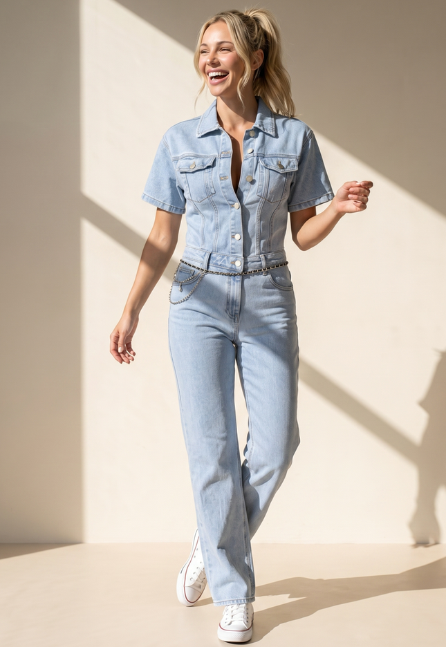 Redial Jeans Blauwe Jeans Jumpsuit met Korte Mouwen