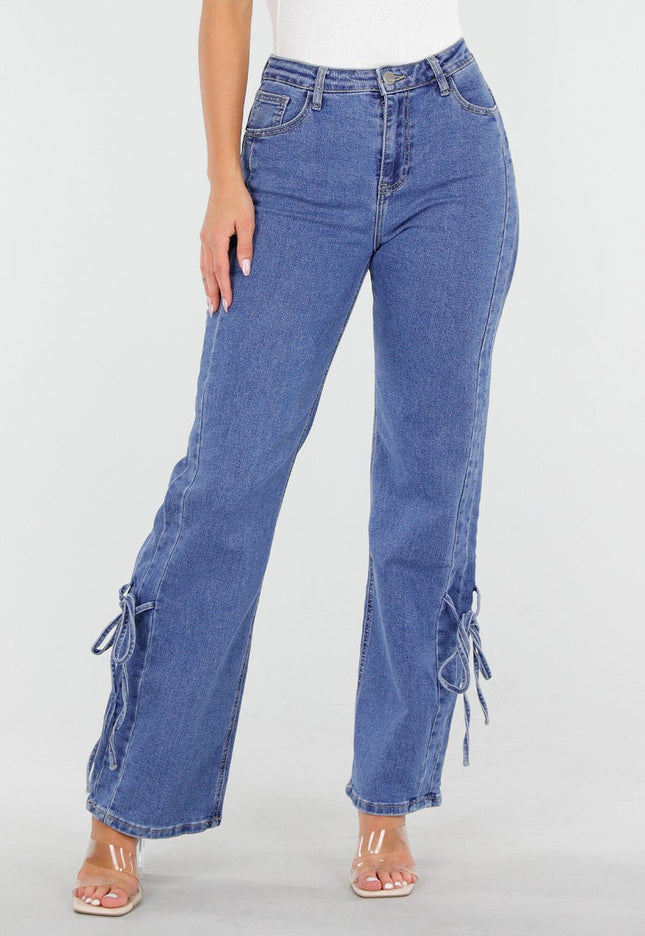 OP=OP.AV.09 Blauwe Stretch Jeans met Strikjes