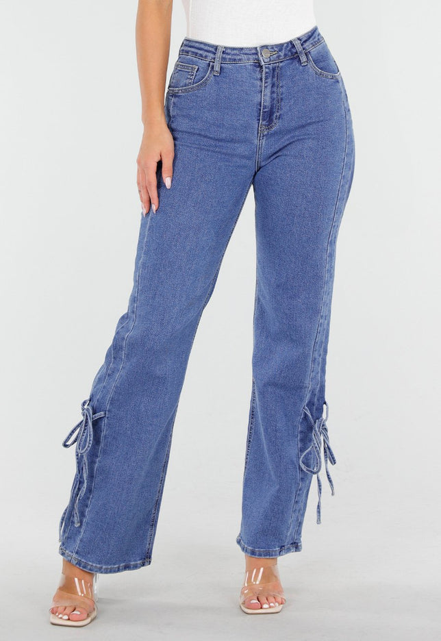 OP=OP.AV.09 Blauwe Stretch Jeans met Strikjes