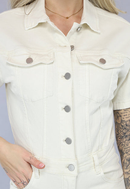 Redial Jeans Crème Kleurige Straight Leg Denim Jumpsuit