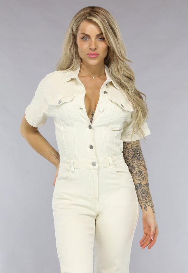 Redial Jeans Crème Kleurige Straight Leg Denim Jumpsuit