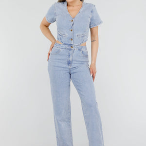 Redial Jeans Denim Jumpsuit met Cut-outs en Knopen