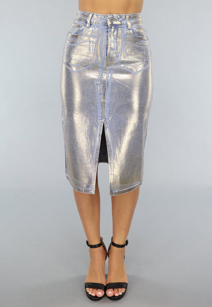 Redial Jeans Denim Midi Rok met Gouden Coating