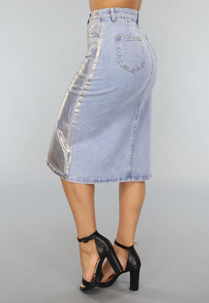 Redial Jeans Denim Midi Rok met Gouden Coating