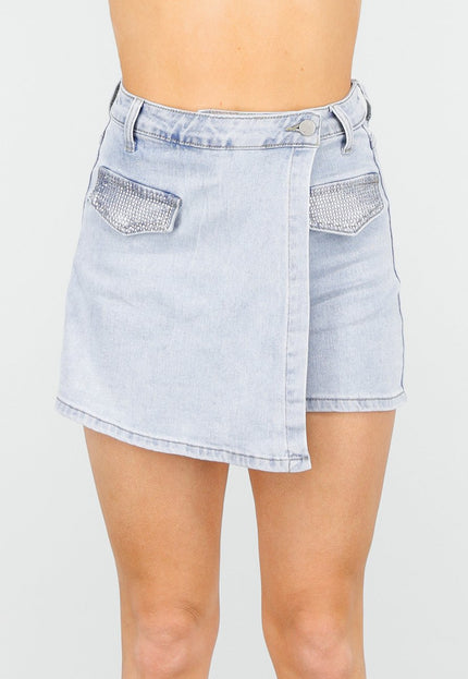 Redial Jeans Denim Stretch Skort met Strass Steentjes en Zakken