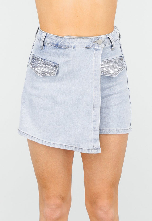 Redial Jeans Denim Stretch Skort met Strass Steentjes en Zakken