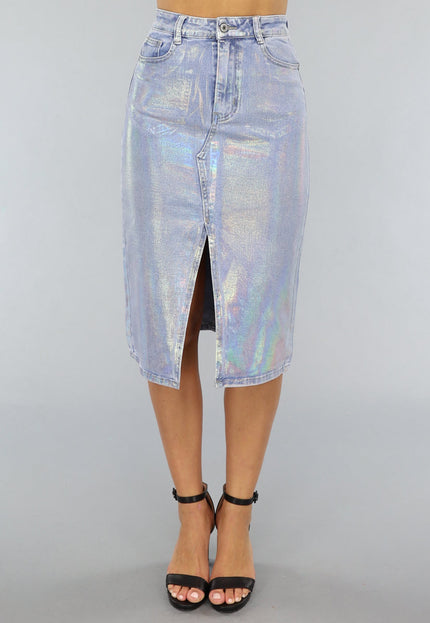 Redial Jeans Holografische Coated Midi Denim Rok