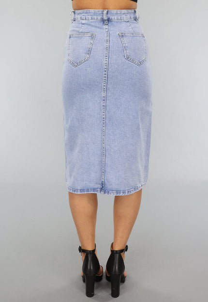 Redial Jeans Holografische Coated Midi Denim Rok