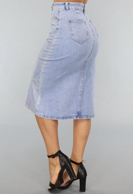 Redial Jeans Holografische Coated Midi Denim Rok