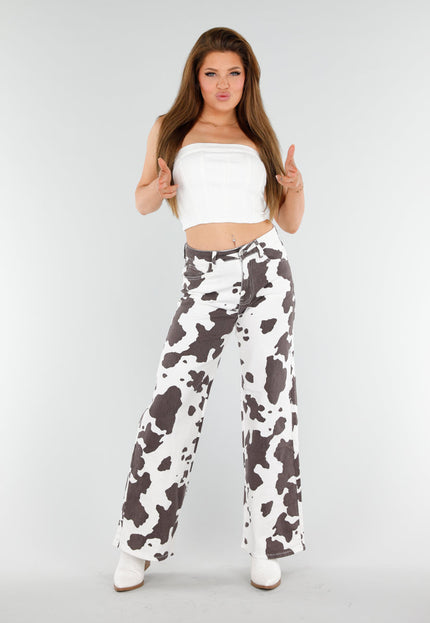 OP=OP.AV.09 Koeienprint Jeans met Rechte Pijpen