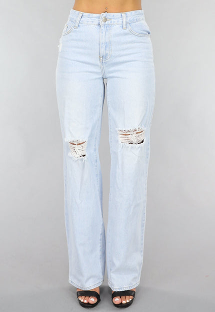 OP=OP.03.S Lichtblauwe Wijde Jeans met Knie Scheuren