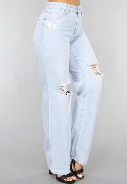 OP=OP.03.S Lichtblauwe Wijde Jeans met Knie Scheuren