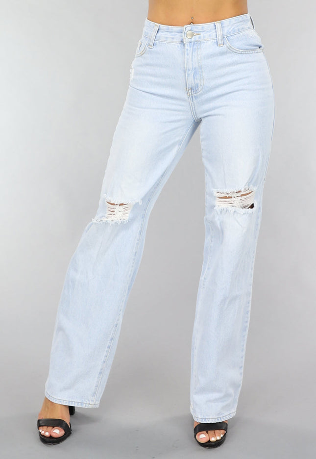 OP=OP.03.S Lichtblauwe Wijde Jeans met Knie Scheuren