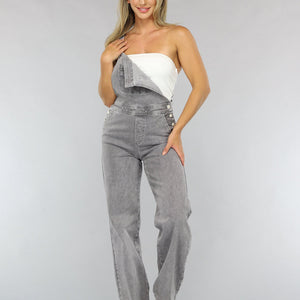 OP=OP.50.NL Lichtgrijze Tuinbroek met Bretels